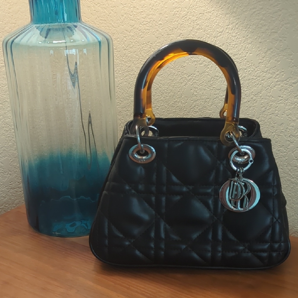 CD Black Quilted Handbag with Tortoiseshell Handles